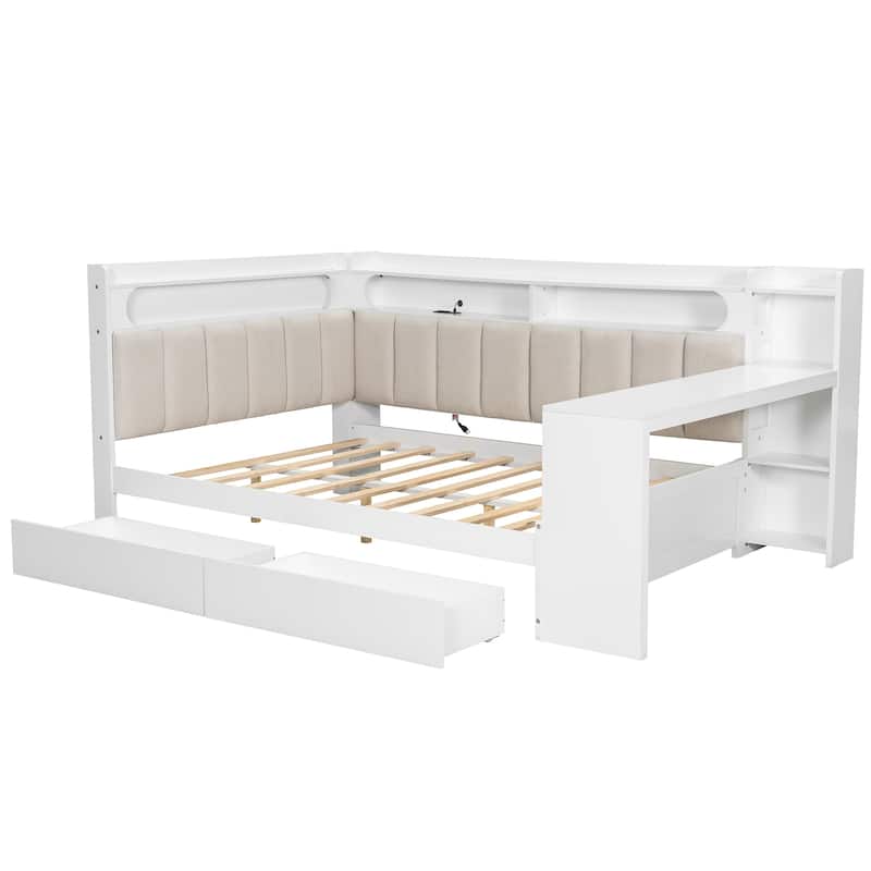 Full Daybed with Storage Shelves Built-in Charging Station LED Light, L-shape Upholstered Sofa Bed with 2 Drawers, Cabinet, Desk