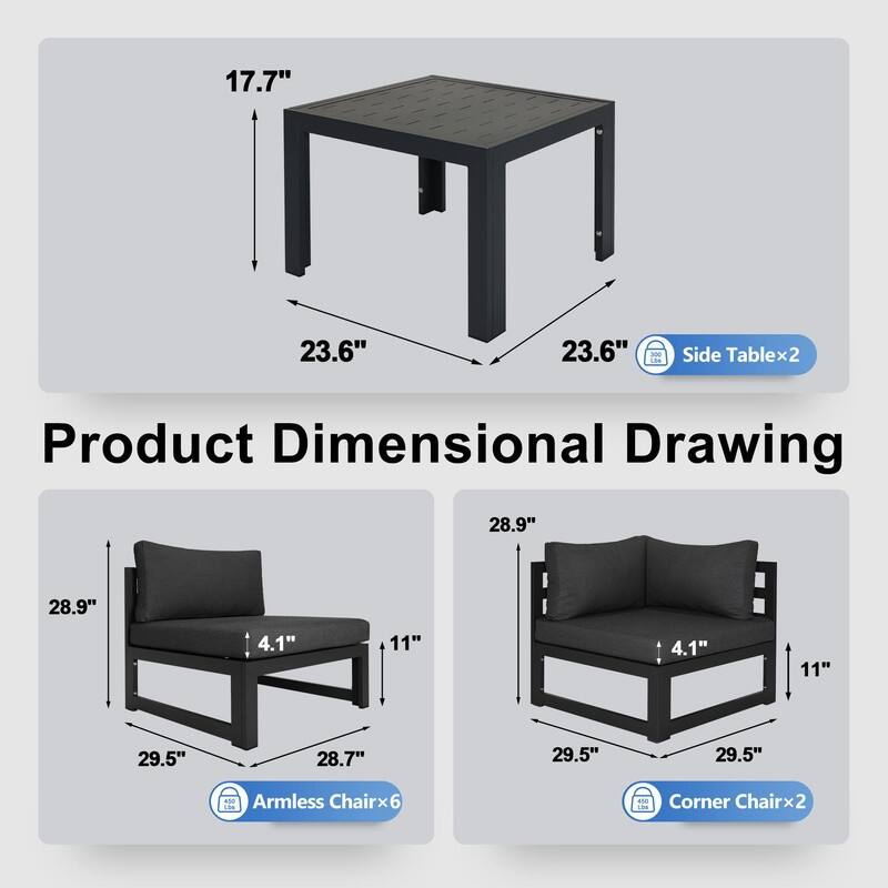 FINCATI Oversized Modular Aluminum Outdoor Furniture Set, 29" Deep Wide Sectional Seating Aluminum Patio Set with Coffee Tables