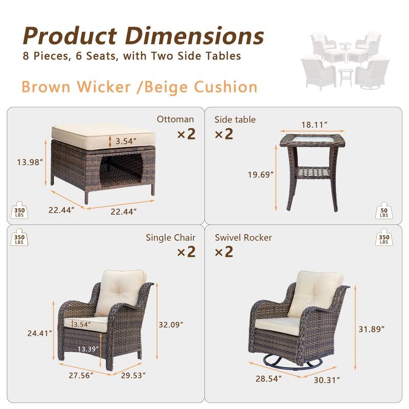 Brown Wicker Outdoor Patio Furniture Seating Sets with Beige Cushions