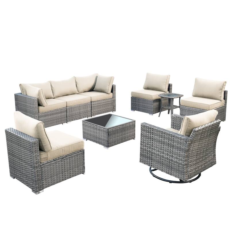 HOOOWOOO 9-piece Grey Wicker Patio Outdoor Sectional Set with Swivel Rocking Chair