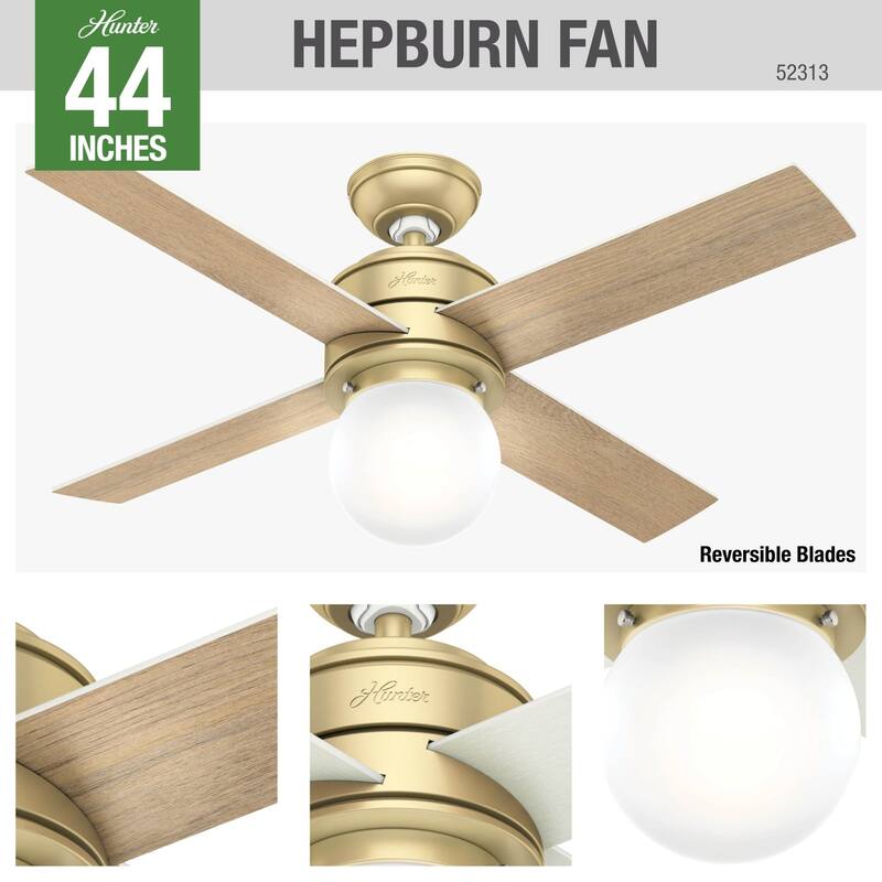 Hunter 44" Hepburn Ceiling Fan with LED Light Kit and Wall Control, Vintage, Transitional, Contemporary