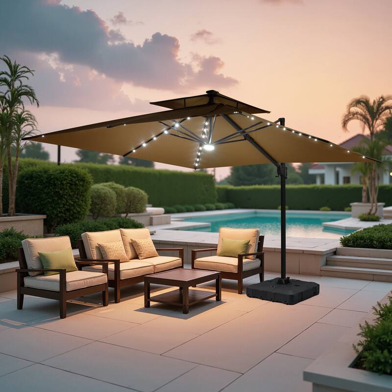 11FT Patio Cantilever Umbrella with LED Lights Double Vented Umbrella with Weighted Base - Tan