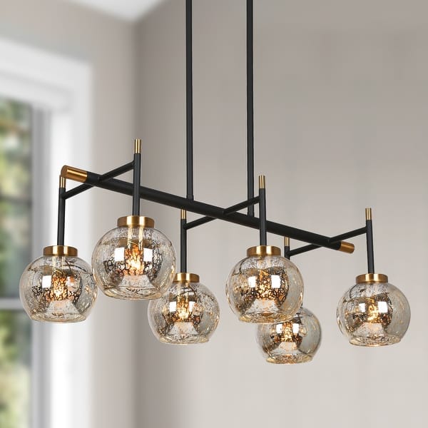 slide 2 of 10, Modern Farmhouse 6-Light Black Gold Linear Chandelier Island Lights with Mercury Glass - 27.5" L x 14.5" W x 10" H