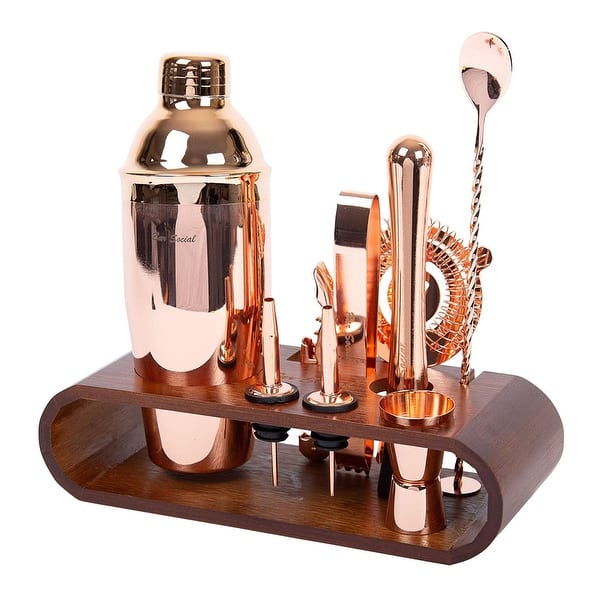 slide 2 of 16, Bar Social 10 piece Bartender Cocktail Shaker Set with Stand Rose Gold / Dark Brown