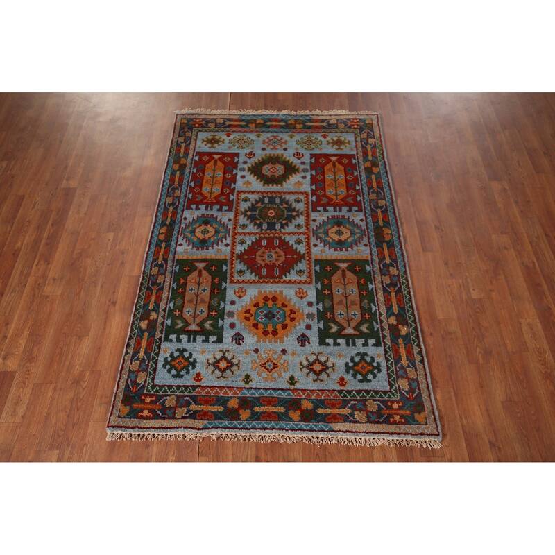 Blue Geometric Oushak Oriental Area Rug Hand-Knotted Wool Carpet - 3'11"x 5'11"