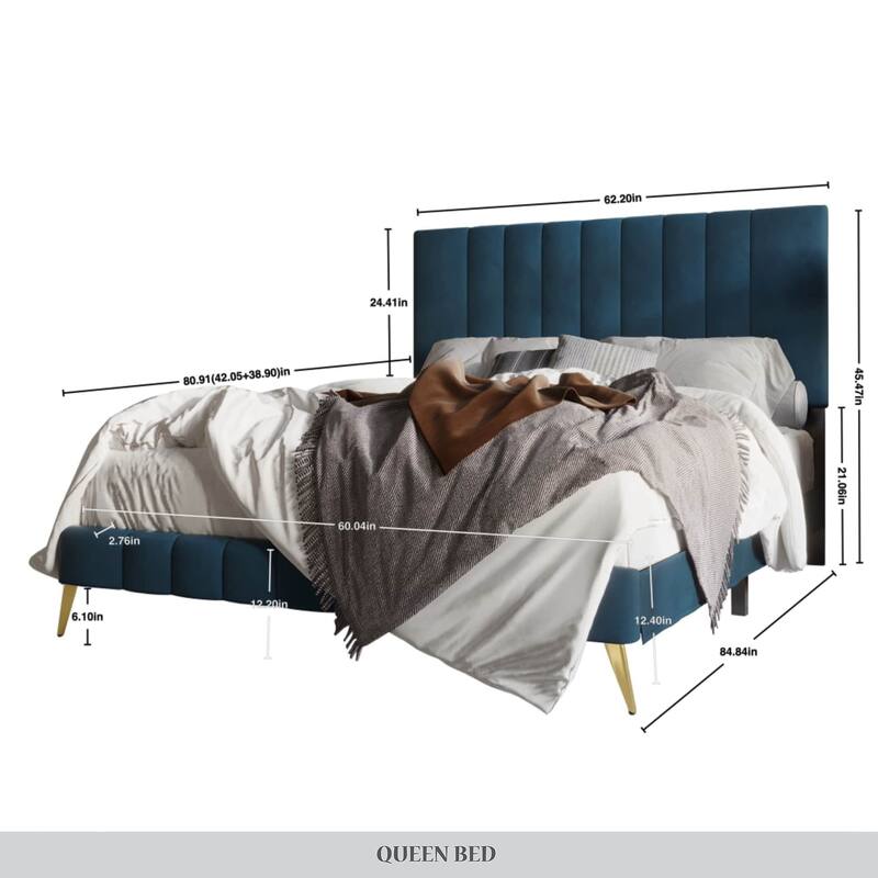 CraftPorch Modern Velvet Tufted Upholstered Gold Accent Platform Bed