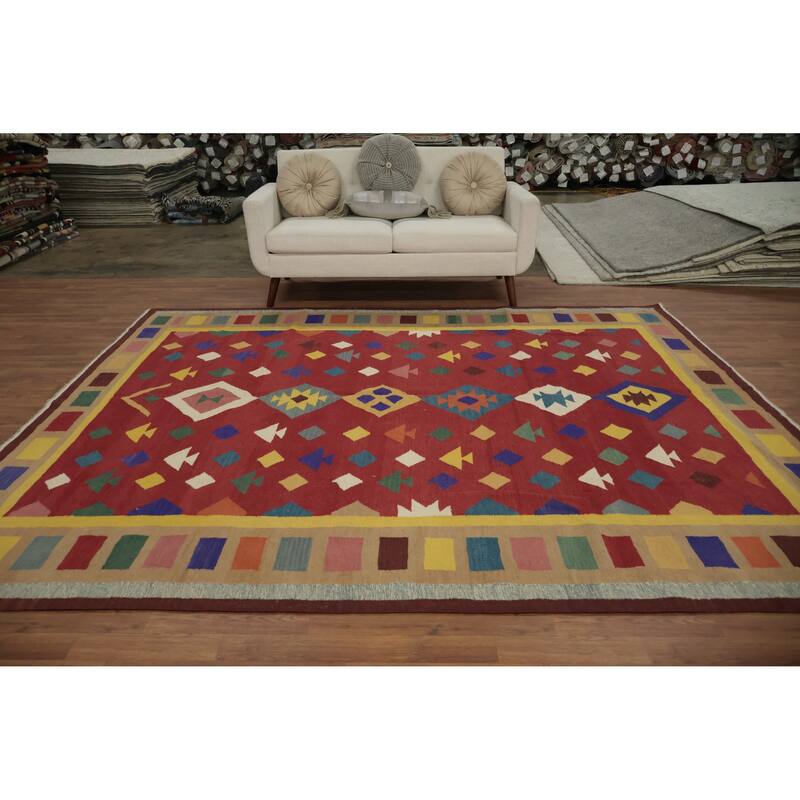 Hand Woven Oriental 100% Wool Carpet Southwestern Tribal Red Kilim Area Rug - 9' 10'' X 8' 2''