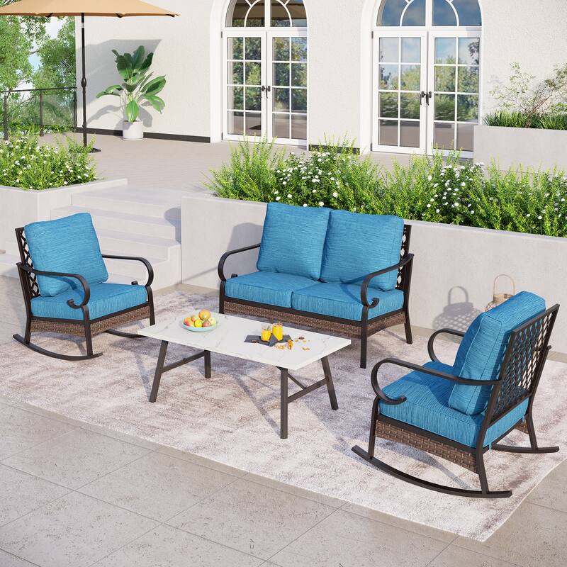 MAISON ARTS 4-Seat Patio Conversation Sets with 2 Rocking Sofa Chairs, 1 Loveseat Sofa and 1 Coffee Table - Peacock Blue