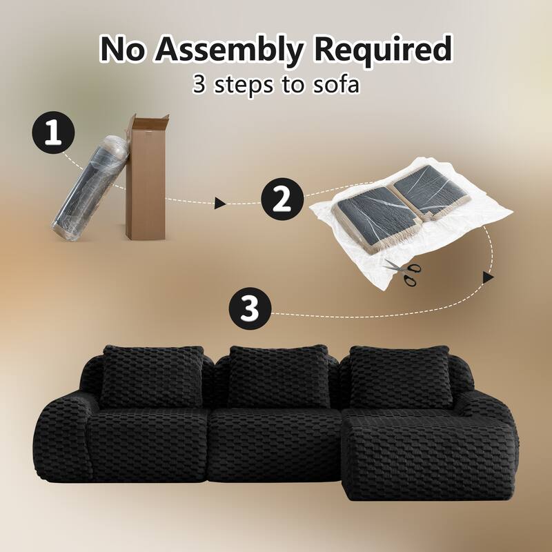 Roomfitters 114 Inch Modular Sectional Sofa, Oversized Flannelette 3-Seater, Black