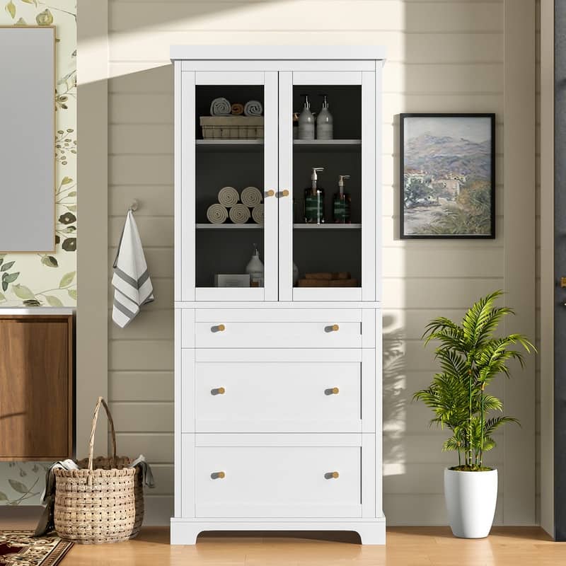 70.1" Bathroom Cabinet with 2 Adjustable Shelves, 3 Drawers, Soft Close Glass Doors - White