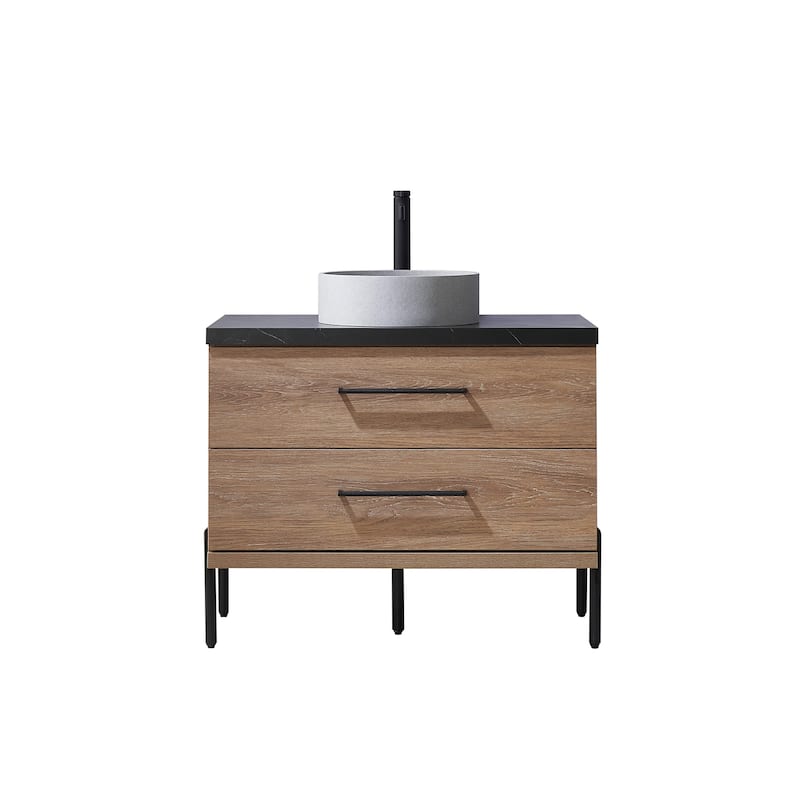 Trento Bath Vanity with Sintered Stone Top with Concrete Sink (C) - 36 in. - North American Oak-No Mirror