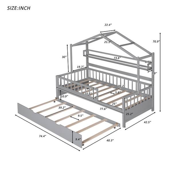 dimension image slide 0 of 4, House Bed with Trundle Bed and Shelf, Wooden Platform Bed Frame with Full Length Guardrail and Roof