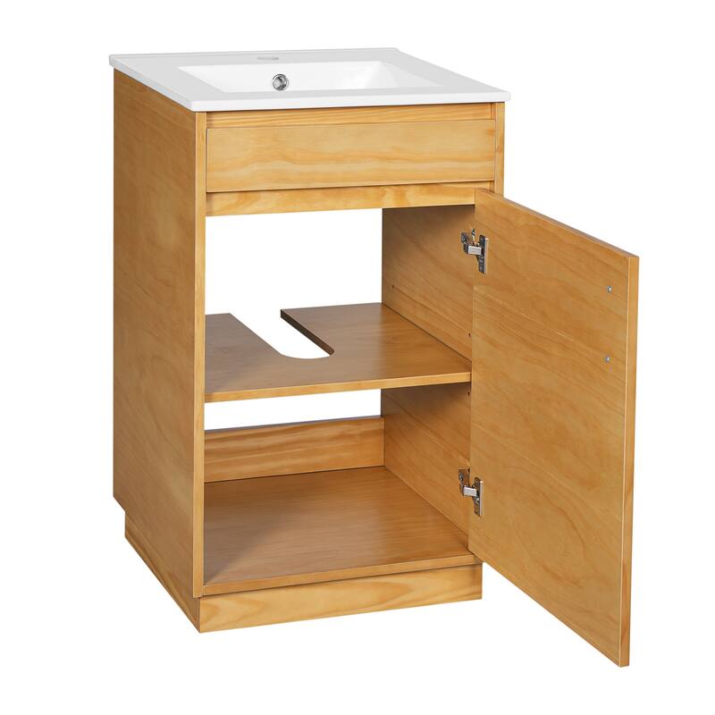 20-inch Natural Wood Farmhouse Bathroom Vanity w/ Ceramic Sink, Soft-Close Door & Adjustable Shelf
