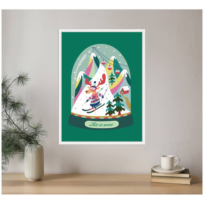 Kate and Laurel Framed Canvas Snowy Mountain Skiing Deer by Rachel Lee