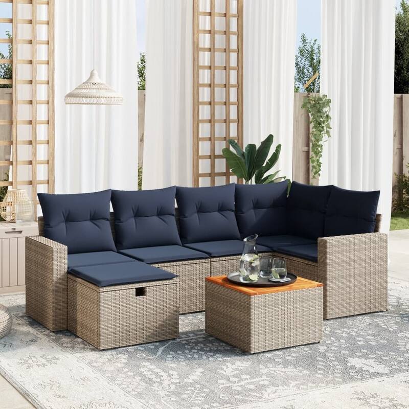 vidaXL Patio Sofa Set with Cushions Outdoor Furniture 7 Piece Poly Rattan - Gray - 24.4" x 24.4" x 27.2"