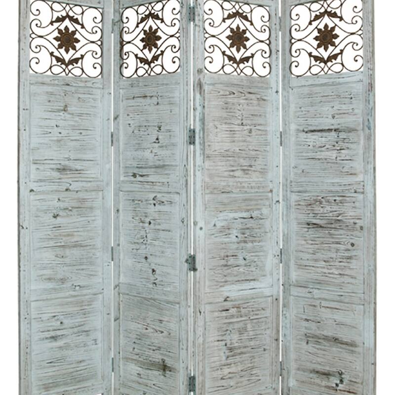 Wooden 4 Panel Screen with Textured Panels and Scrolled Details, White