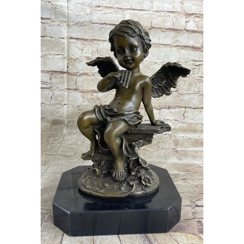 Cherub Angel Playing Pan Flute Hand Made Bronze Sculpture Home Decor