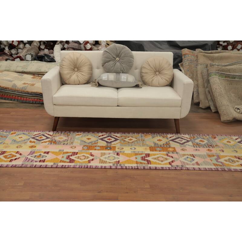 Hand Woven Oriental 100% Wool Carpet Southwestern Tribal Multi-Colored Kilim Runner Rug - 11' 10'' X 2' 7''