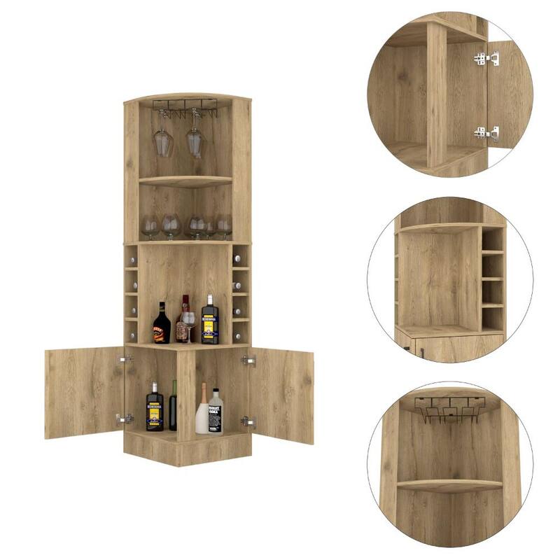Syrah Corner Bar Cabinet, Eight Bottle Cubbies, Double Door, Two Open Shelves