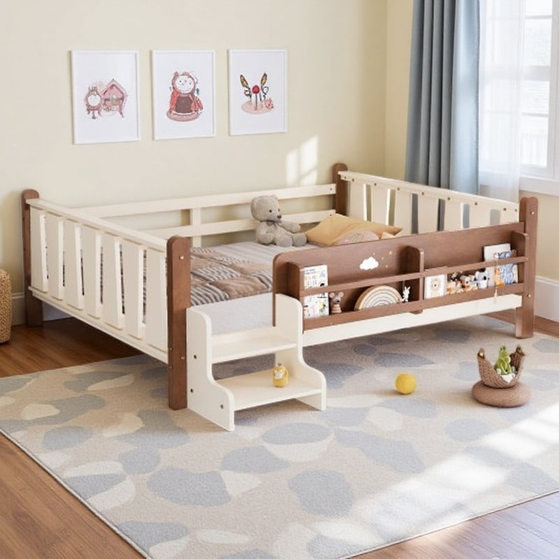 Solid Wood Kids Floor Bed with Built-In Bookcase Storage & Stair Access, Solid Wood Platform Bed Frame with Full Guardrails