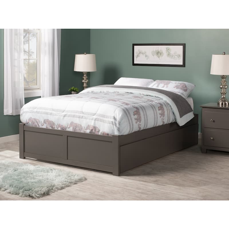 King Platform Bed with Trundle - Solid Wood Bed Frame, Grey Finish, Modern Design