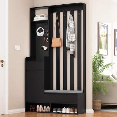70.8"H Hall Tree with Cushioned Bench, Shoe Cabinet, Pegboard and 4 Hooks