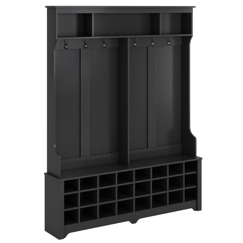 60" Wide Black Hall Tree with 24 Shoe Cubbies, Metal Black Hooks