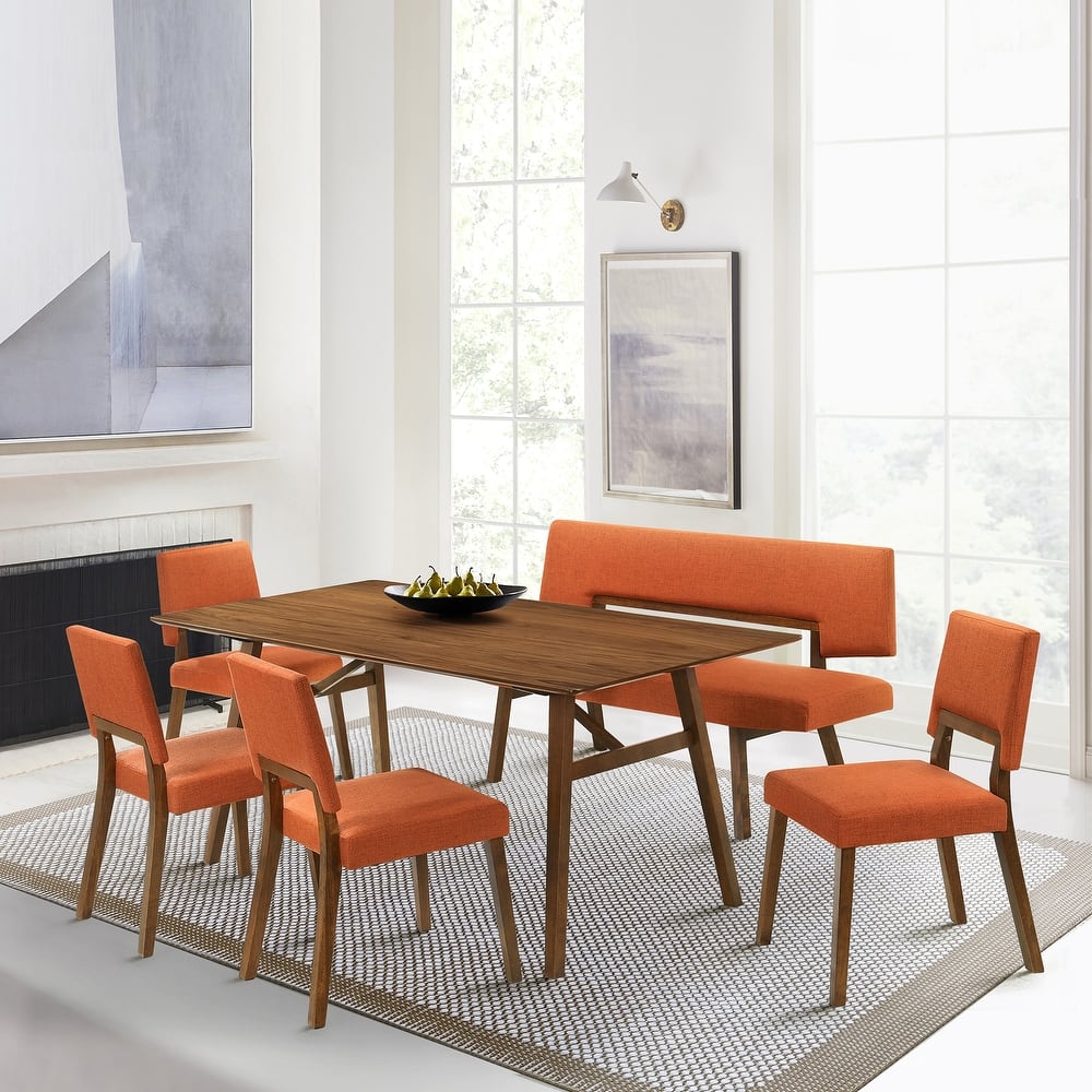 Channell Mid-Century Modern 6 Piece Dining Table set with 4 Dining Chairs and 1 Dining Bench