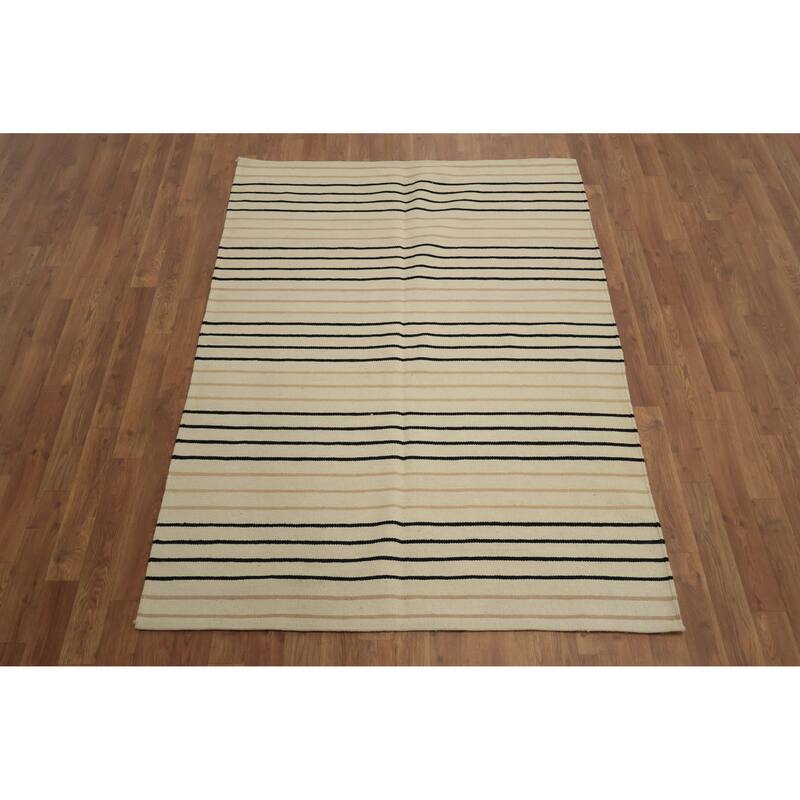Hand Woven Oriental 100% Wool Carpet Southwestern Modern Beige & Ivories Kilim Area Rug - 5' 10'' X 4' 2''