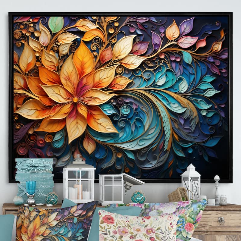 Designart "Colorful Indian Art Mystic Rangoli I" Indian Art Framed Wall Decor - 32 in. wide x 16 in. high - Black