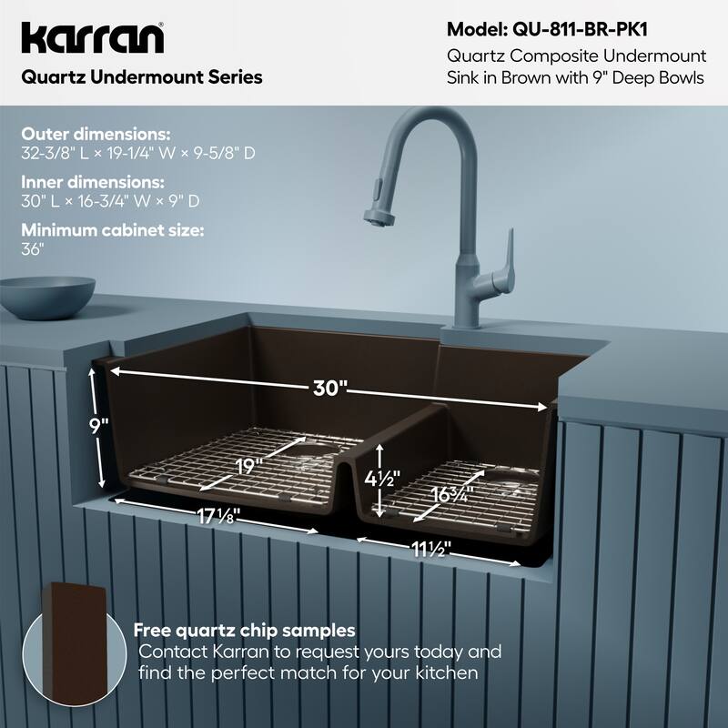 Karran 32" Undermount Large/Small Bowl Quartz Kitchen Sink Kit - 32" x 21.25" x 9"