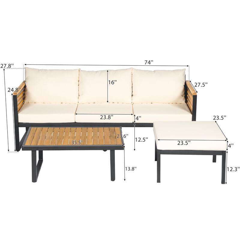 3-Piece Acacia Wood & Metal Patio Sofa Set - Outdoor Sectional with Cushions - Durable Backyard Conversation Set