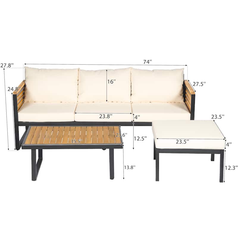 3-Piece Outdoor Patio Furniture Set with Wood Frame and Cushioned Seating, Industrial Style Sofa Set with Table and Ottomans