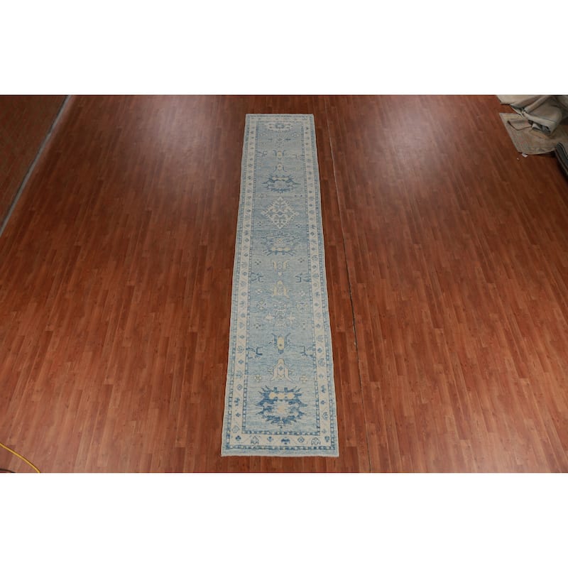 Hand Knotted Oriental 100% Wool Carpet Transitional Geometric Navy Blue & Blues Oushak Runner Rug - 14' 3'' X 2' 11''