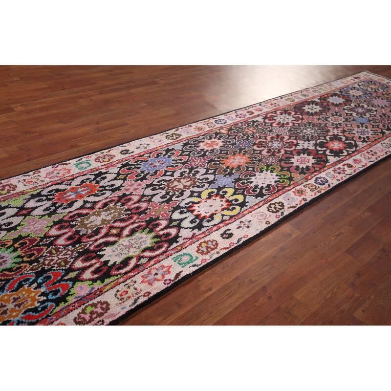 Geometric Anatolian Vintage Runner Rug Handmade Wool Carpet - 2'11"x 12'9"