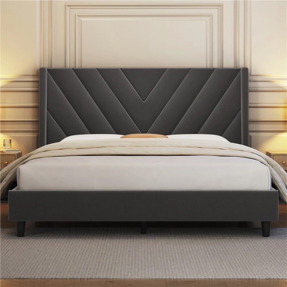 Queen Upholstered Bed Frame with Wing Side Headboard Dark Gray