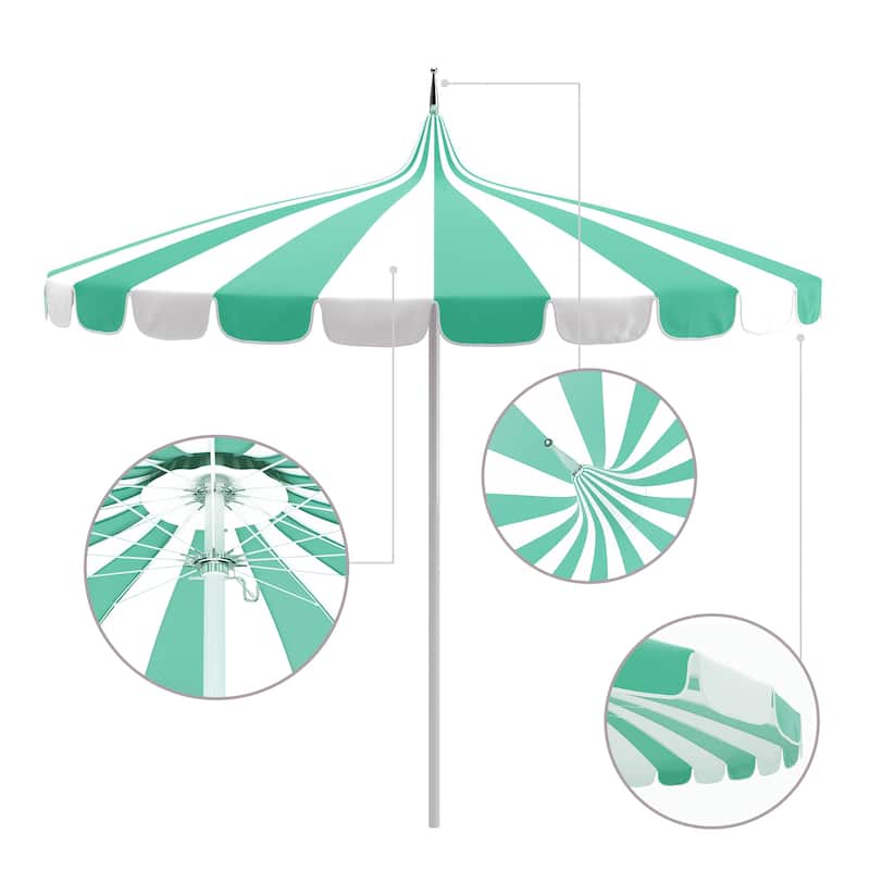 California Umbrella 8.5' Pagoda Series Patio Umbrella White Aluminum Pole Push Lift Sunbrella Natural and Pacific Blue