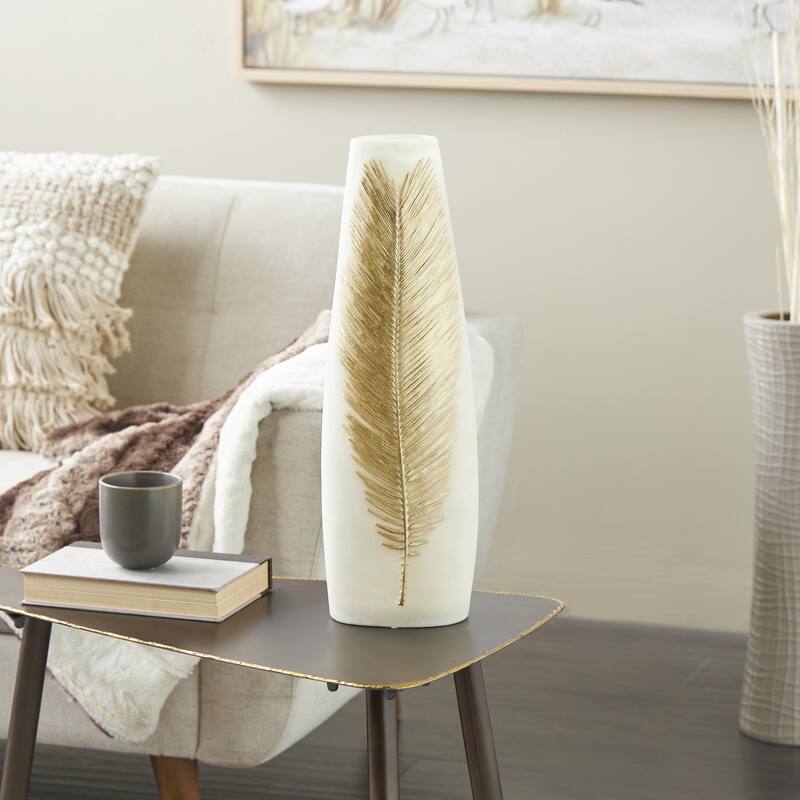 Polystone Leaf Decorative Vase with Gold Leaf Relief - Cream - Roche River Decor