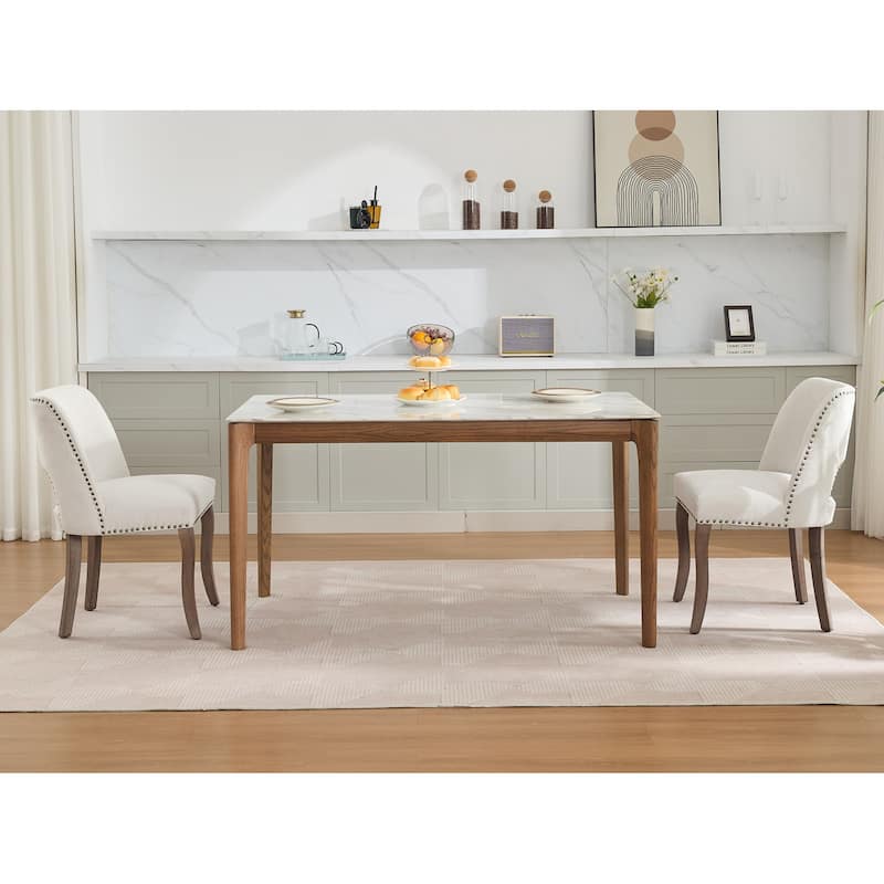 Fabric Upholstered Dining Chairs Set of 2, Kitchen Chairs with Curved Backrest, Accent Chair with Solid Wood Legs