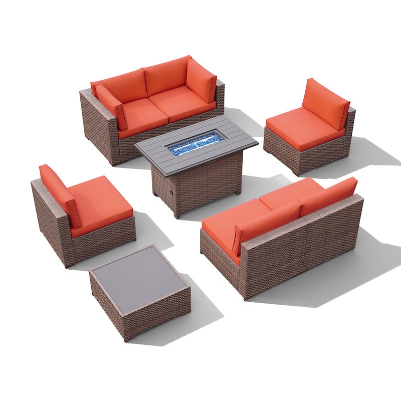 Outdoor 8 Pieces Sectional Wicker Sofa Set with Fire Pit