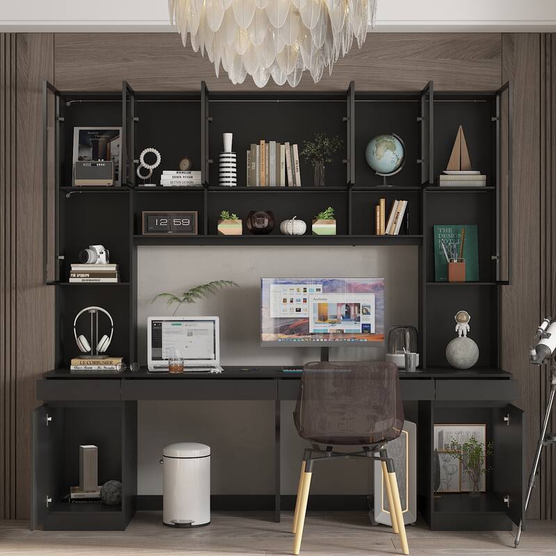 90.6"Illuminated Glass Workstation Productive Workspace Bookshelf Desk