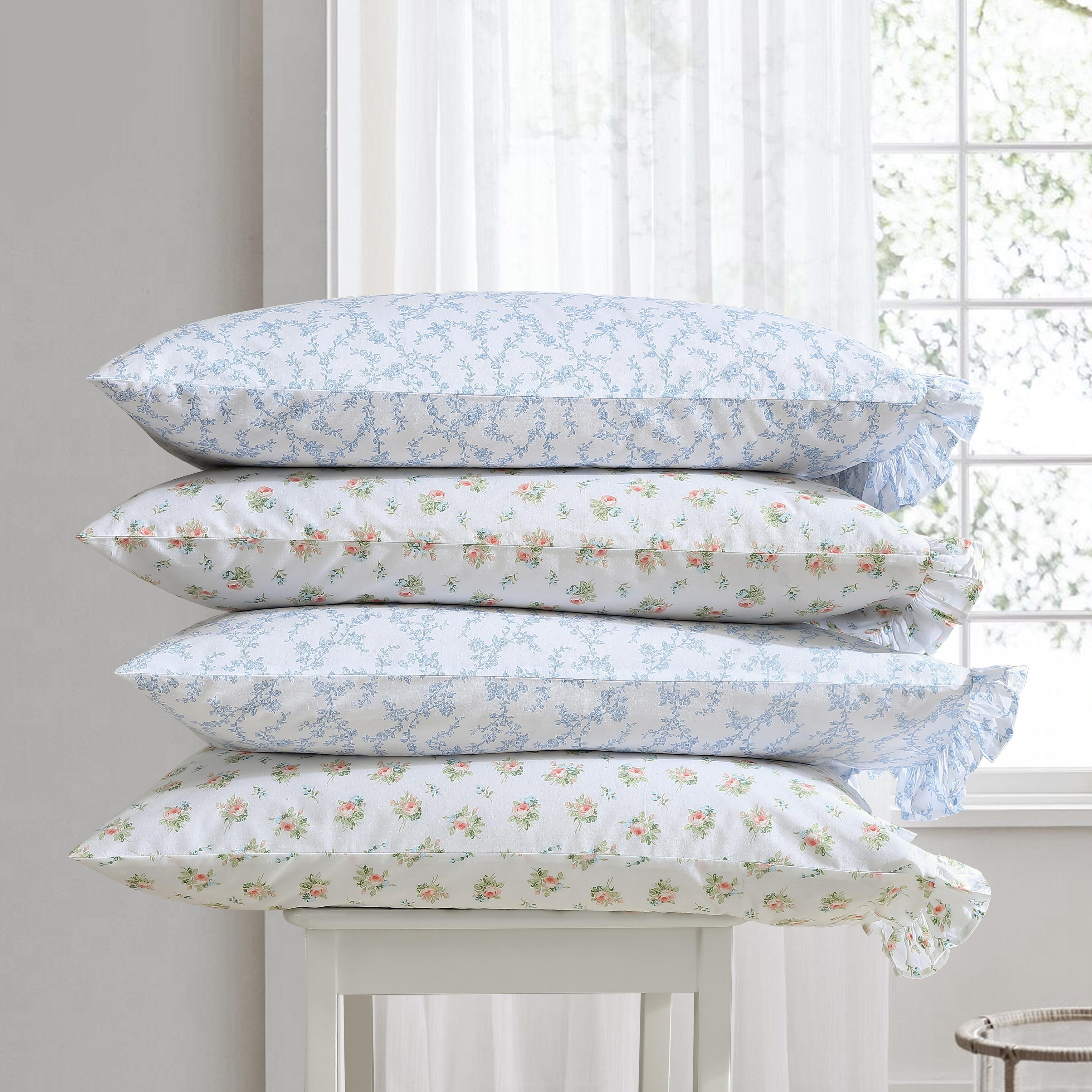 Laura Ashley Floral Ruffled Hem Cotton Sheet and Pillowcase Sets