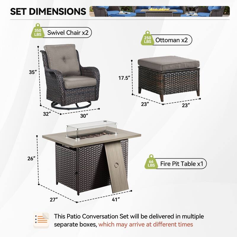 Fire Pit Table with Patio Glider Chairs Ottomans Brown-Grey - Brown