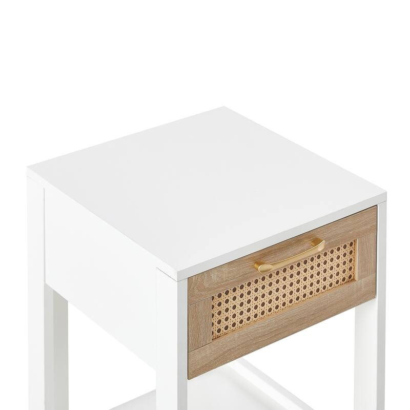 Modern Rattan End table/Side Table with 1 Drawer and 1 Open Shelf