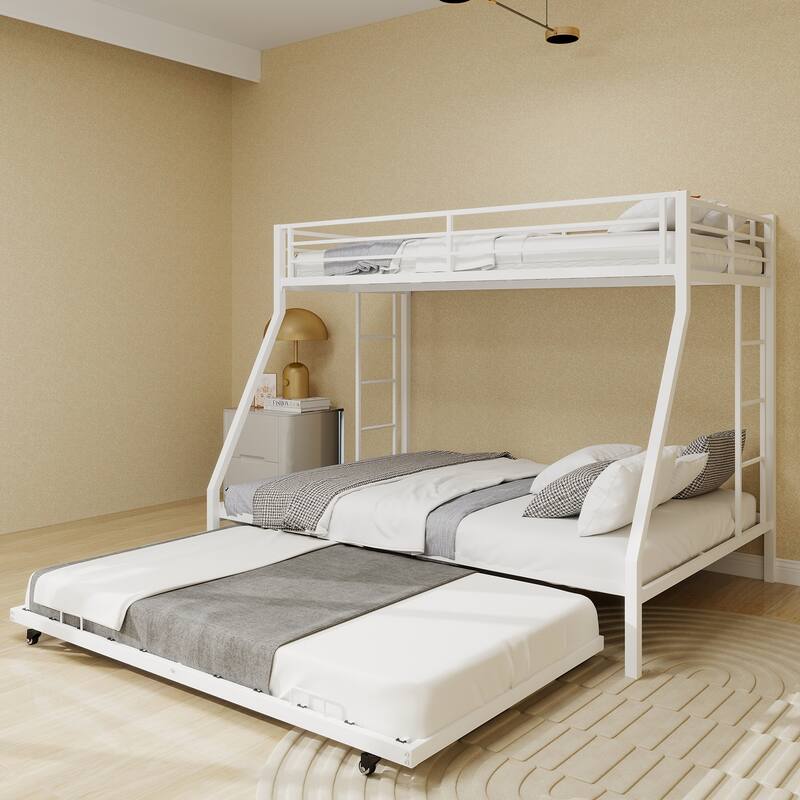 Modern Minimalist Square Tube Bunk Bed with Ladder & Rolling Trundle, Queen Size, White
