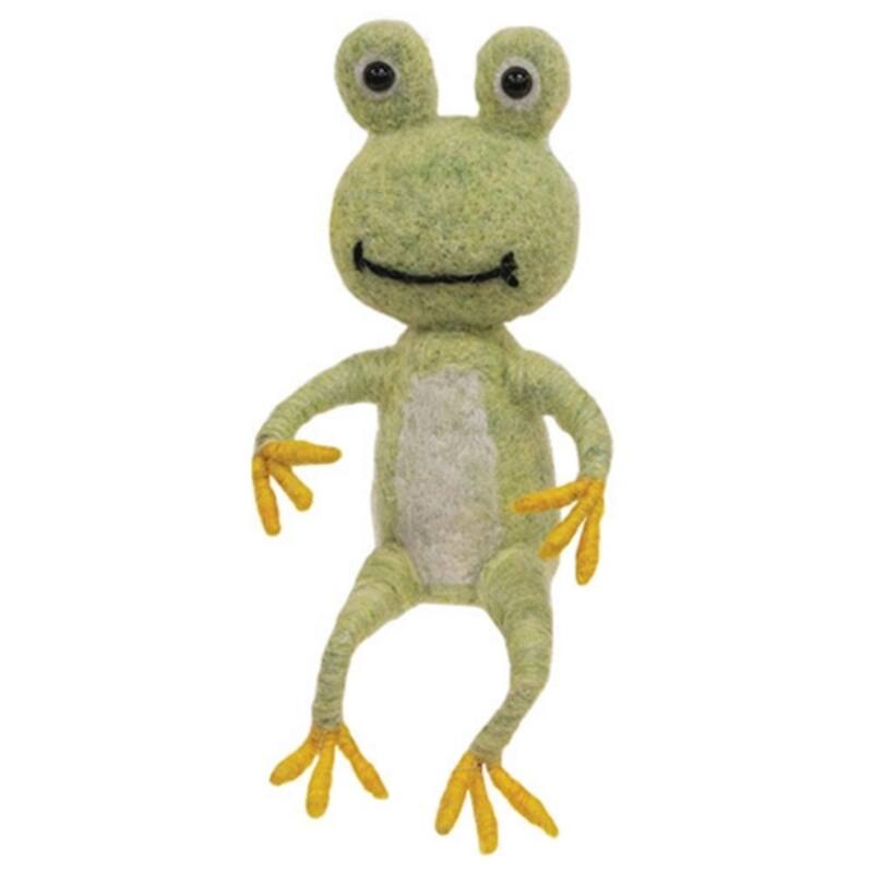 Handcrafted Felt Happy Frog Ornament Posable Limbs, Seated Design with Hanger for Indoor Decor - 7" H x 3.5" W x 3" D - Green