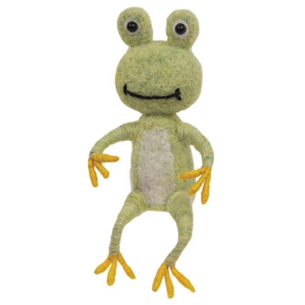 Handcrafted Felt Happy Frog Ornament Posable Limbs, Seated Design with Hanger for Indoor Decor - 7" H x 3.5" W x 3" D