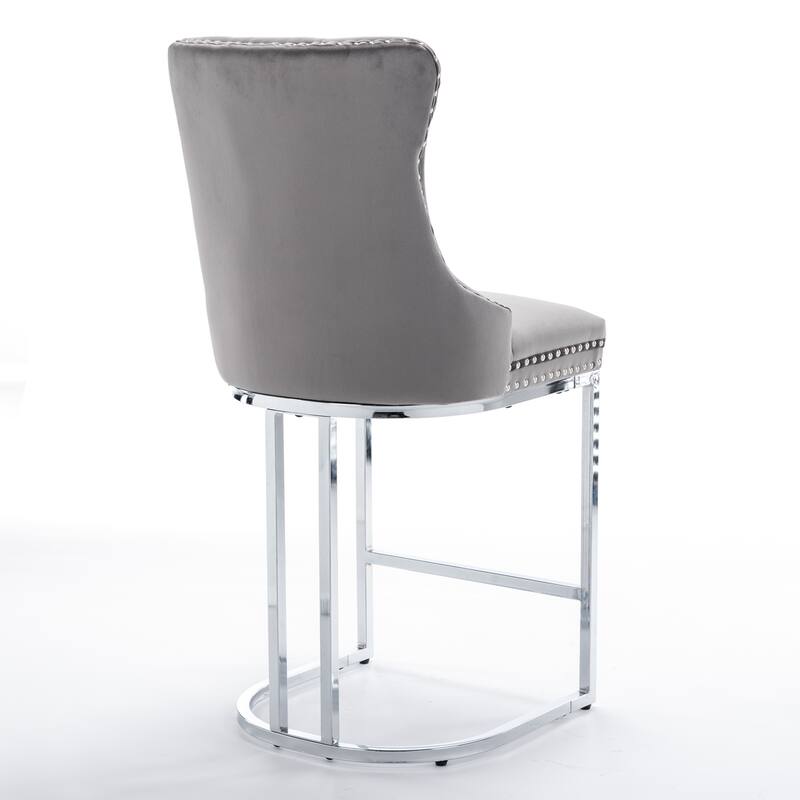 Gray Wingback Bar Stools Set of 2 Button Tufted Upholstered Kitchen Island Stools w/Nailhead Trim, 26" Counter Height Bar Chairs