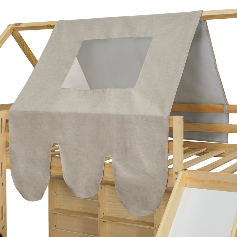 House-shaped Twin Loft Bed with Tent, Slide, and Storage in Natural+Beige