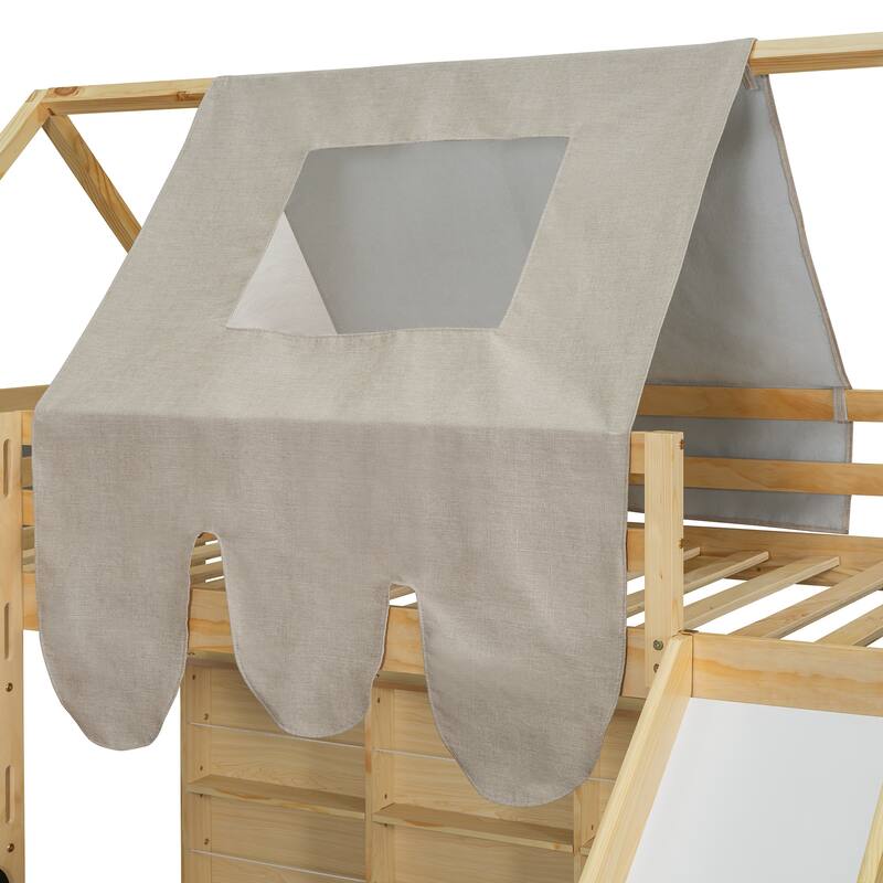 Twin Size Wooden Loft Bed with House-Shaped Frame, Slide, Tent, and Storage Shelves, Fun and Functional for Kids Bedroom